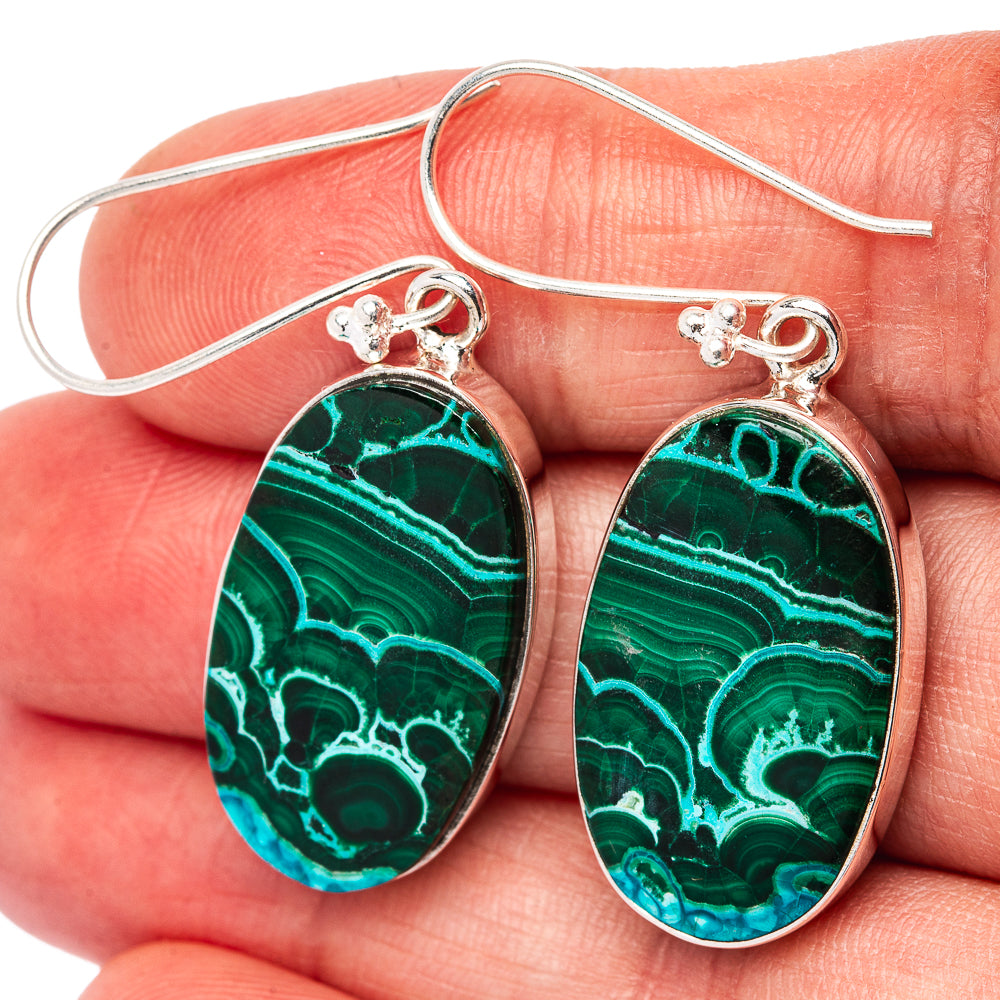 Premium Malachite In Chrysocolla Earrings 1 3/4" (.925 Sterling Silver)