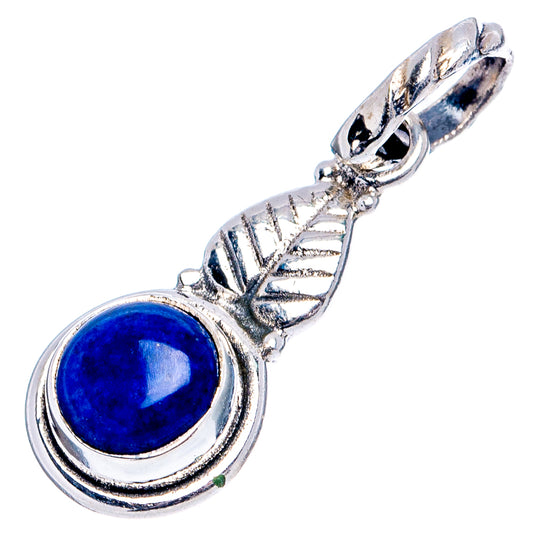 Sterling silver lapis lazuli pendant, round blue cabochon with ornate side frame and bail