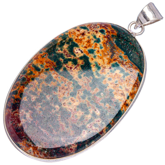 Oval bloodstone pendant with silver-plated frame and bail, mottled green and orange stone face