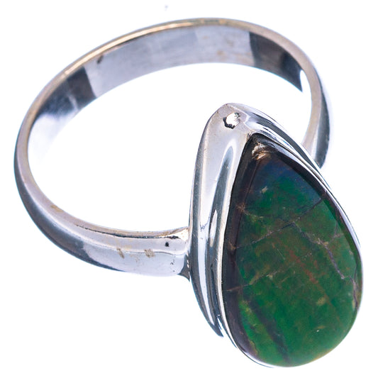 Sterling silver ammolite ring with deep green teardrop gemstone and polished band
