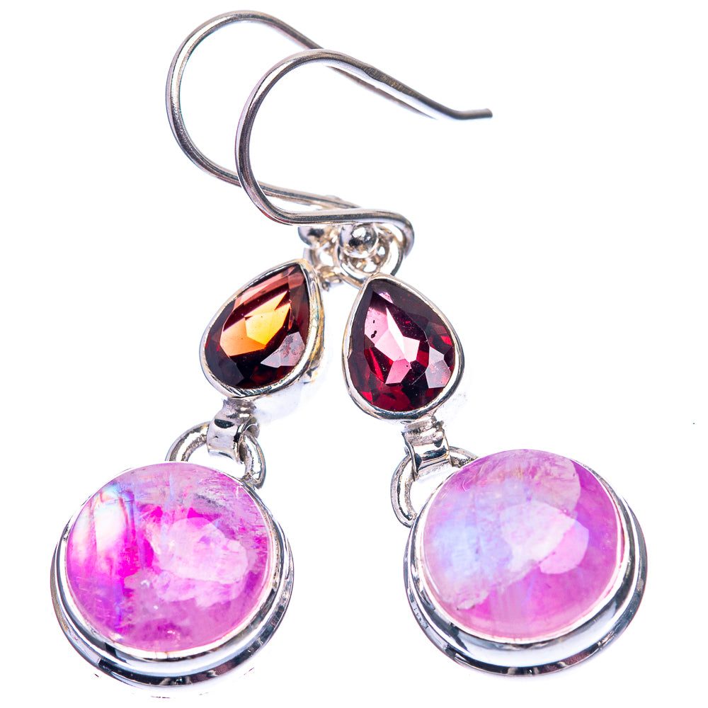 Pink Moonstone, Garnet Earrings 1 1/2" (925 Sterling Silver) E432419