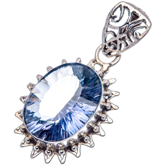 Round blue gemstone pendant in silver with spiked halo and decorative bail