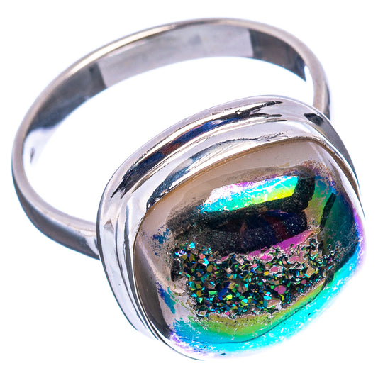 Sterling silver oval drusy ring with side view and iridescent rainbow glitter stone