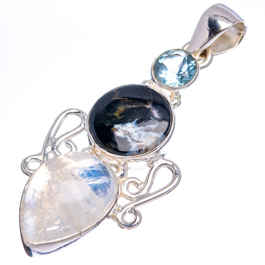 Sterling silver gemstone pendant with blue round top, dark oval center, pearly pink bottom