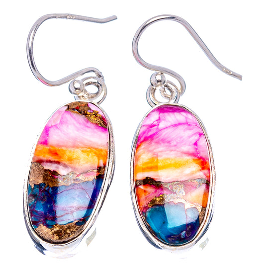 Oval multicolor gemstone drop earrings with silver fishhook, marbled pink blue orange