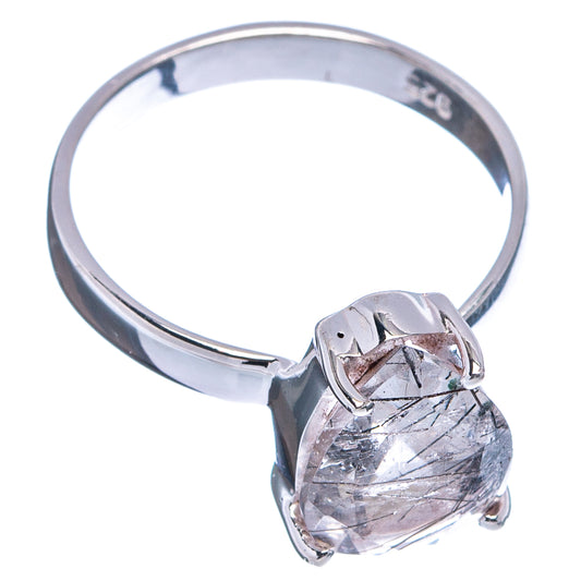 Sterling silver ring with faceted tourmalinated quartz oval in four-prong setting, size 5.75.