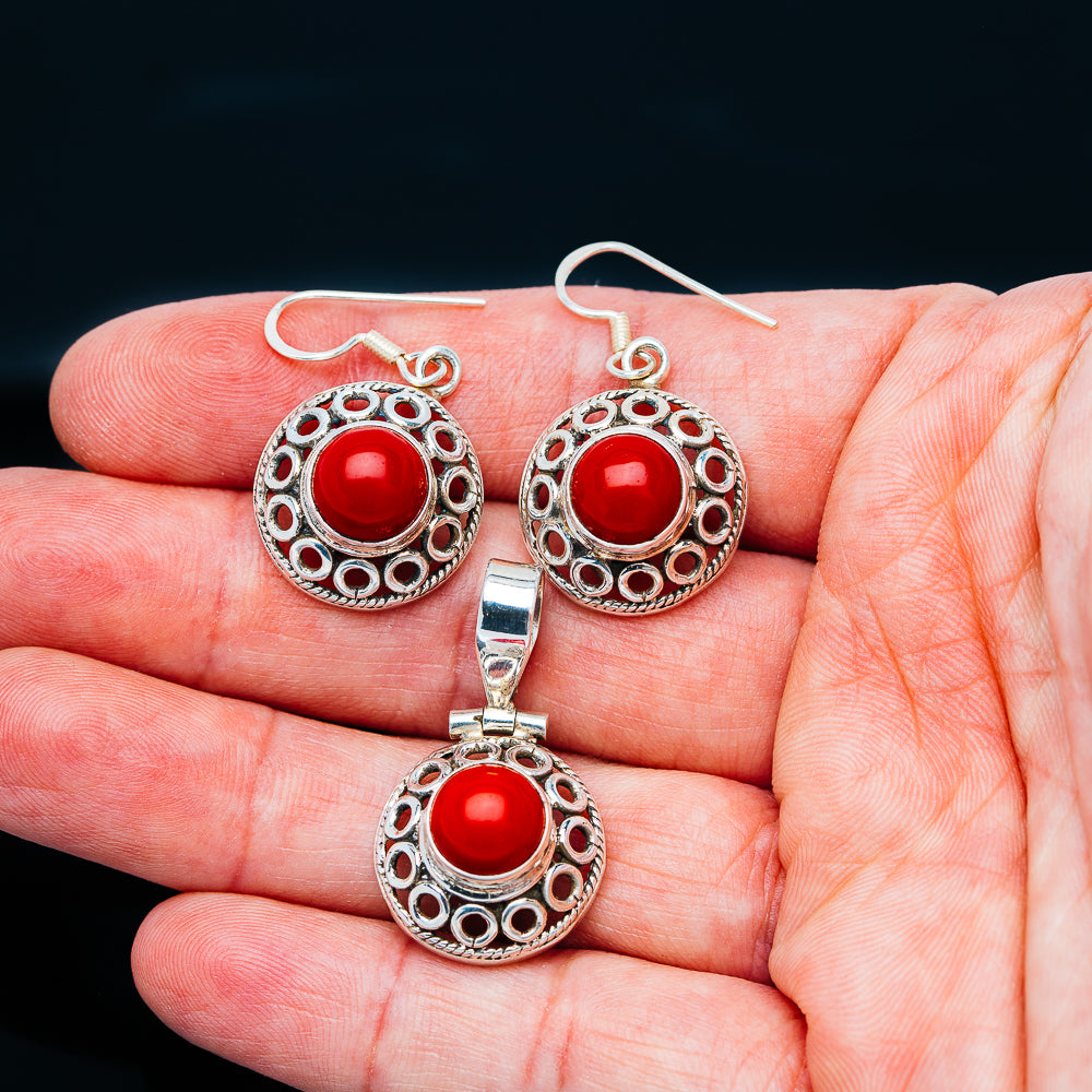 Red Coral Earrings & Pendant Set 1" (.925 Sterling Silver)