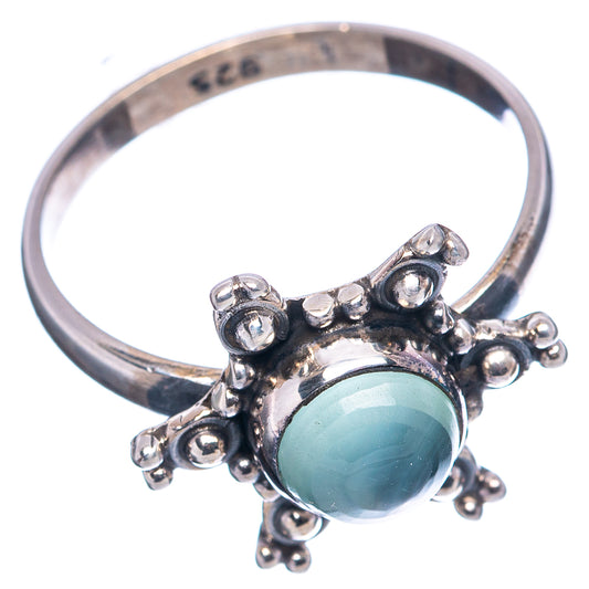 Sterling silver ring showing band and round light blue chalcedony in filigree