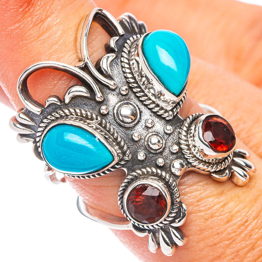Sleeping Beauty Turquoise, Garnet Butterfly Ring Size 7.25 (925 Sterling Silver) R7475