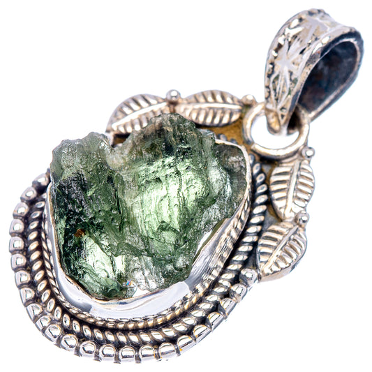 Moldavite pendant with .925 sterling silver setting, rough green gemstone in leaf frame