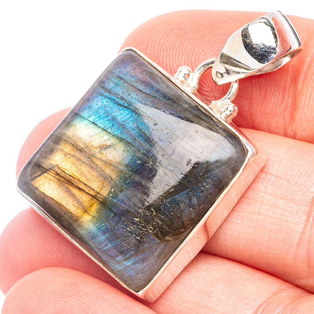 Labradorite pendant in 925 sterling silver bezel with blue and gold iridescent flash