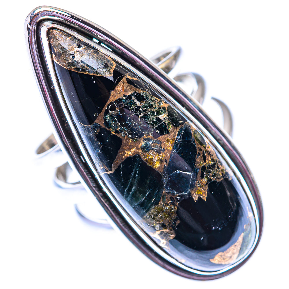 Oval onyx sterling silver ring angled view, bezel with gold-brown matrix
