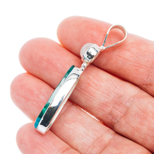 Premium Malachite In Chrysocolla, Rainbow Moonstone Pendant 1 7/8" (.925 Sterling Silver)