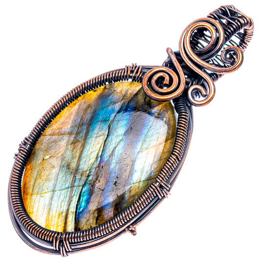 Oval labradorite pendant with blue flash, copper wire wrap and spiraled bail