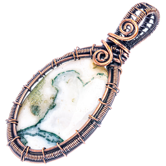 Oval wire-wrapped agate pendant in oxidized copper with green mossy pattern stone