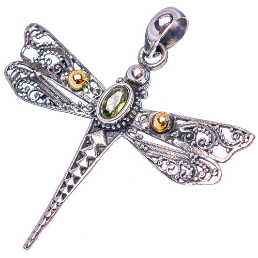 Dragonfly pendant .925 sterling silver with green oval gemstone, filigree wings, dangling bail