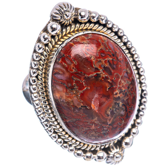 925 sterling silver oval dinosaur bone ring with red marbled stone and leaf-top detail