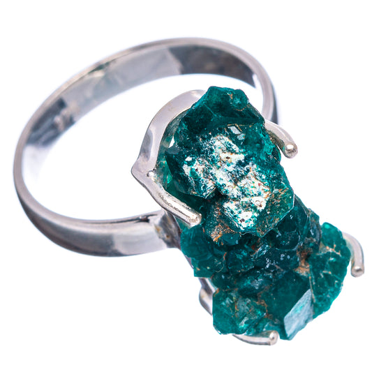 Sterling silver raw dioptase ring, size 7.25, teal-green crystal with metal prongs