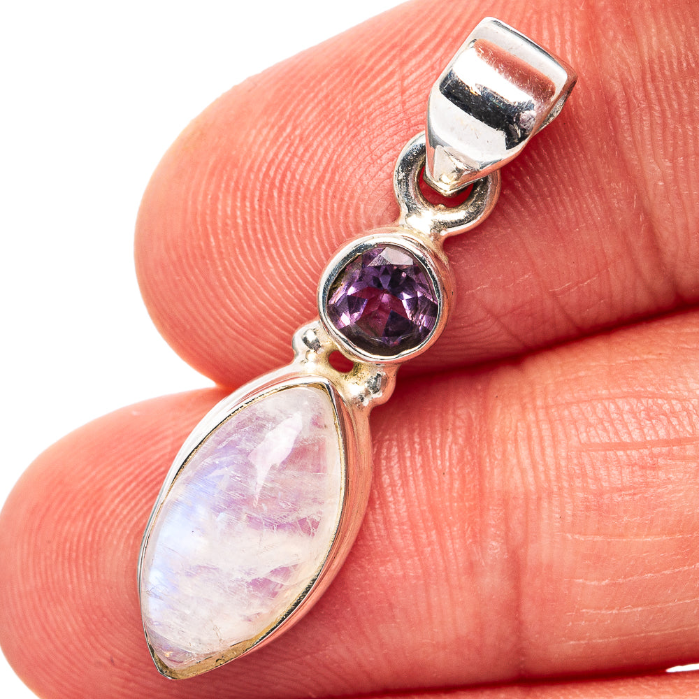 Rainbow Moonstone, Amethyst Pendant 1 1/4" (.925 Sterling Silver)