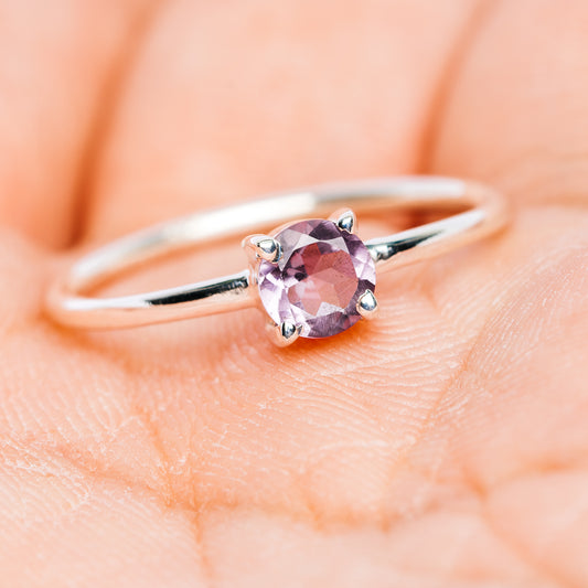 Round amethyst stackable sterling silver ring band with prong-set center stone