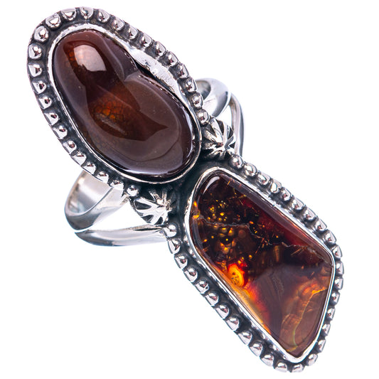 Sterling silver two-oval fire agate ring with leaf accents, dark brown and glowing amber stones