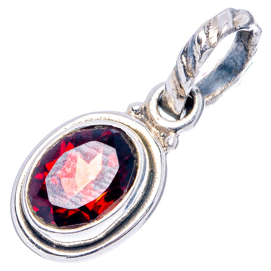 Round garnet pendant charm in .925 sterling silver, dark red faceted stone, side view