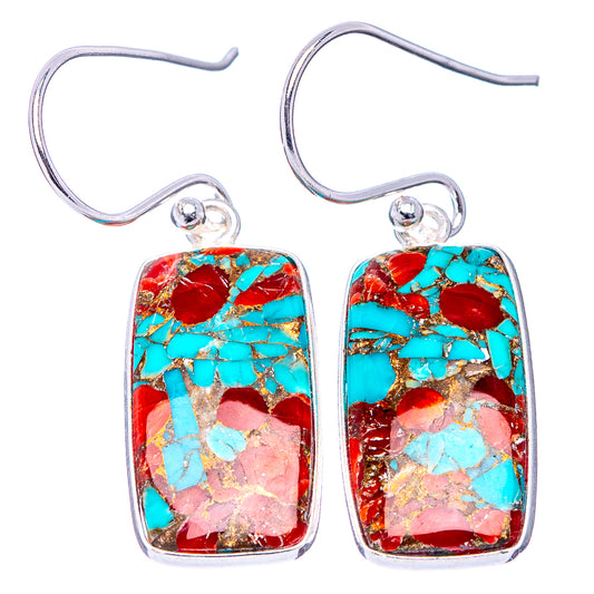 Sterling silver rectangular coral turquoise mosaic drop earrings with fishhook closures
