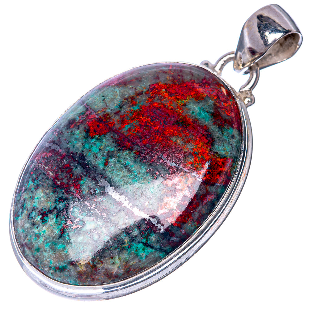 Sterling silver oval pendant, bezel-set cabochon with bright red and green speckles