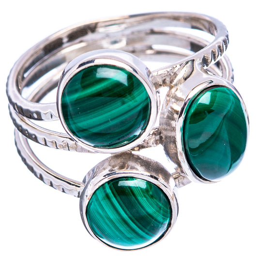 Sterling silver malachite ring with three round green gemstone settings