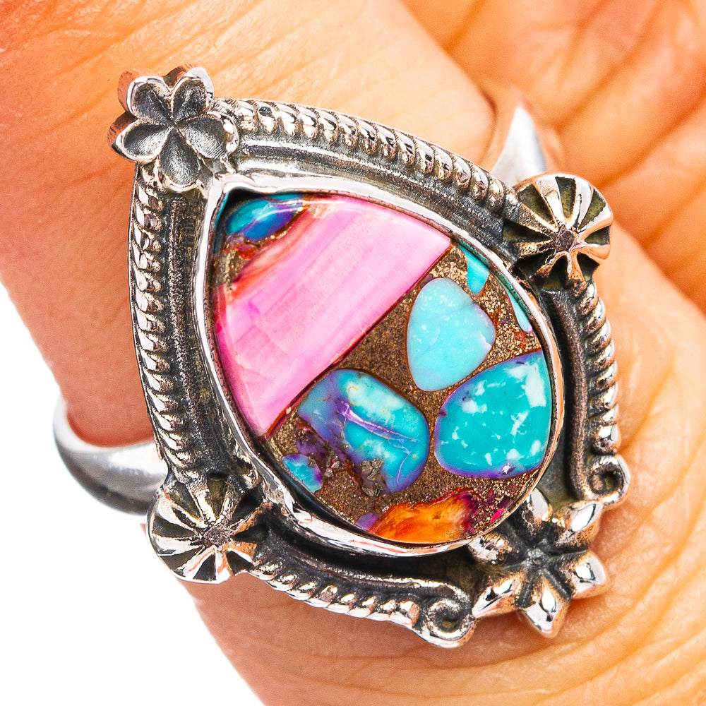 Southwestern Style Pink Dahlia Turquoise Ring Size 6.75 (.925 Sterling Silver)