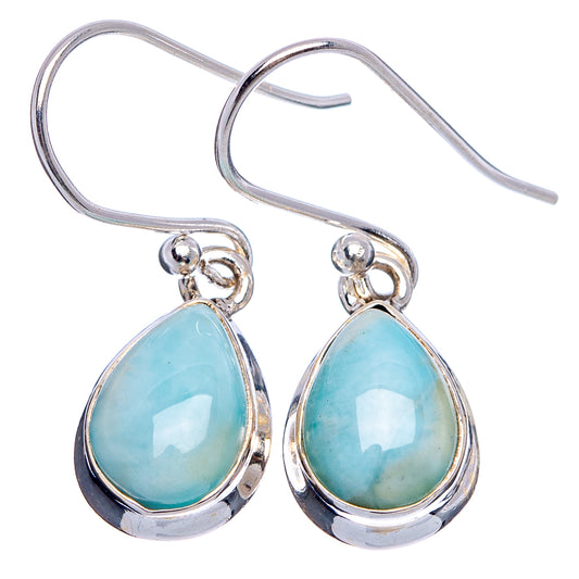 Sterling silver Larimar pear-drop earrings on fishhook, faceted light-blue teardrop gems