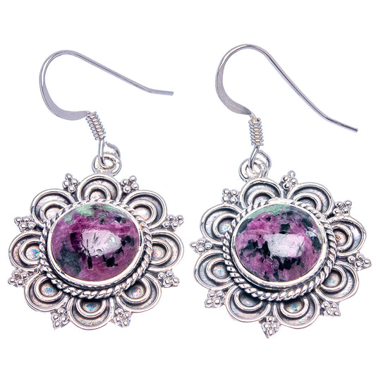 Pair of 925 sterling silver ruby zoisite drop earrings with round purple-and-green gemstone
