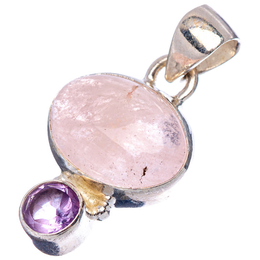 Oval pink stone sterling silver pendant with round amethyst accent and open bail