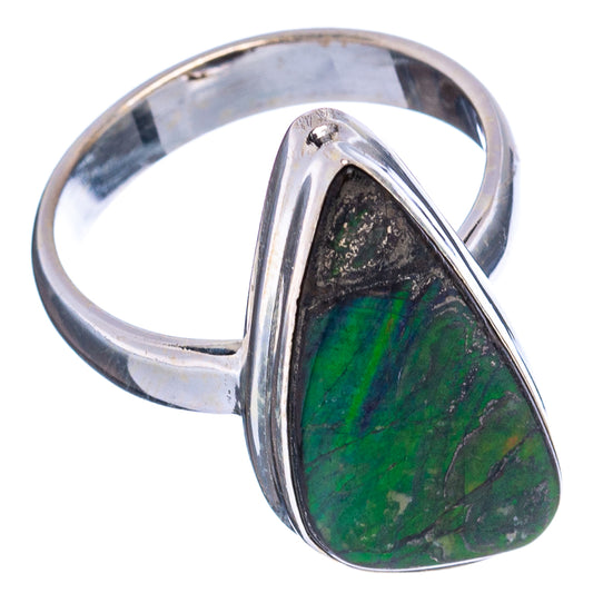 Sterling silver ammolite ring, green oval teardrop stone on raised frame
