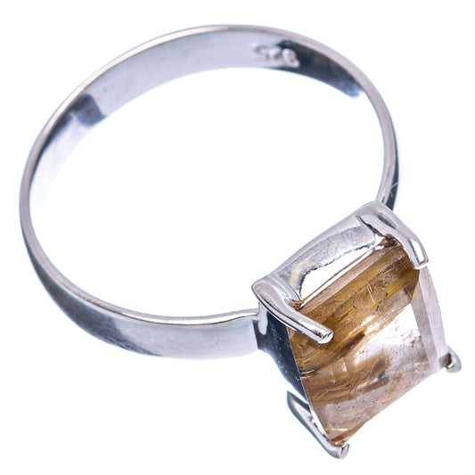 Sterling silver rutilated quartz ring with raised rectangular golden stone on band