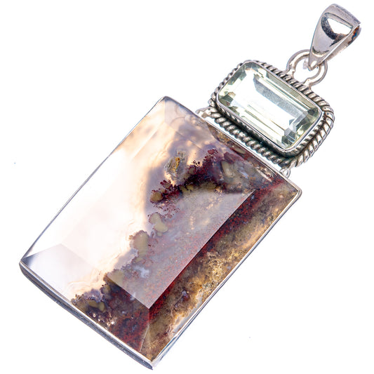 Rectangular sterling silver pendant with faceted top stone and plume agate face