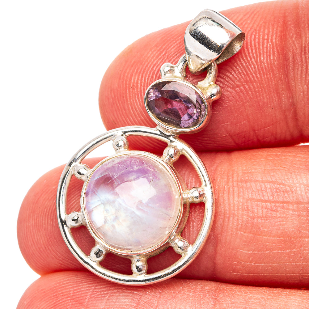Rainbow Moonstone, Amethyst Pendant 1 1/4" (.925 Sterling Silver)