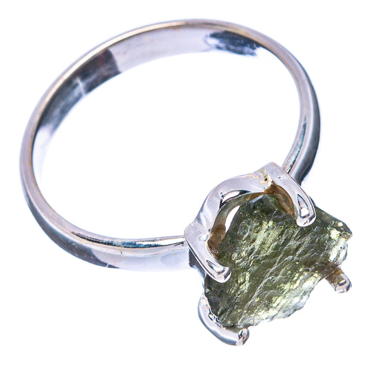Rough green Moldavite ring in .925 sterling silver with square prong setting