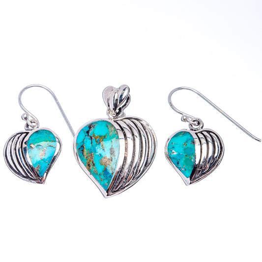 Turquoise heart pendant and drop earrings set with silver-tone ribbed heart halos