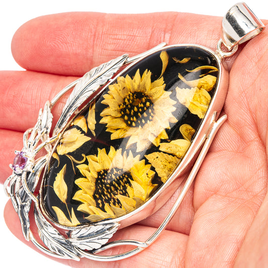 Amber Intaglio Sunflower Pendant 3 1/8" (925 Sterling Silver) P42593