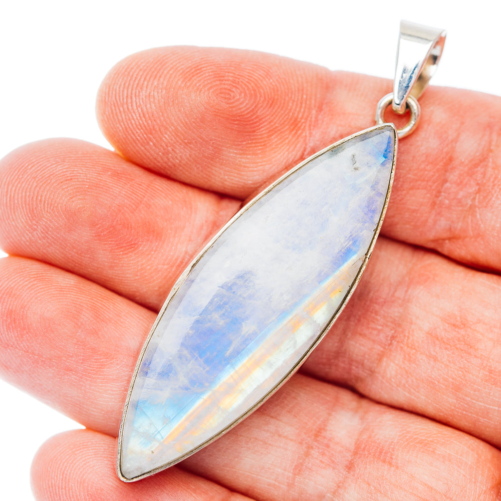 Sterling silver rainbow moonstone marquise pendant with teardrop setting