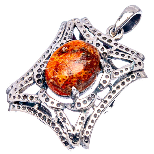 Sterling silver coral pendant, oval orange sponge coral cabochon in openwork triangular setting