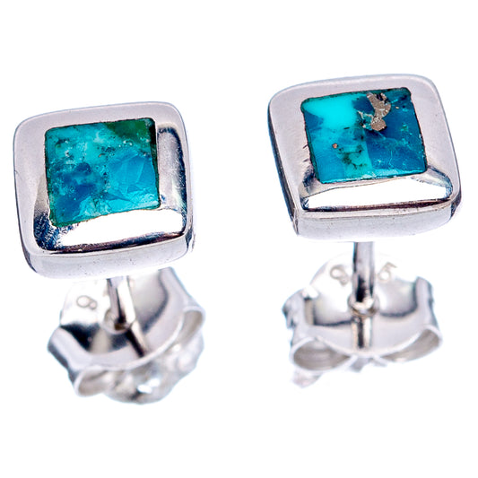 Turquoise square stud earrings with silver posts and bezel settings