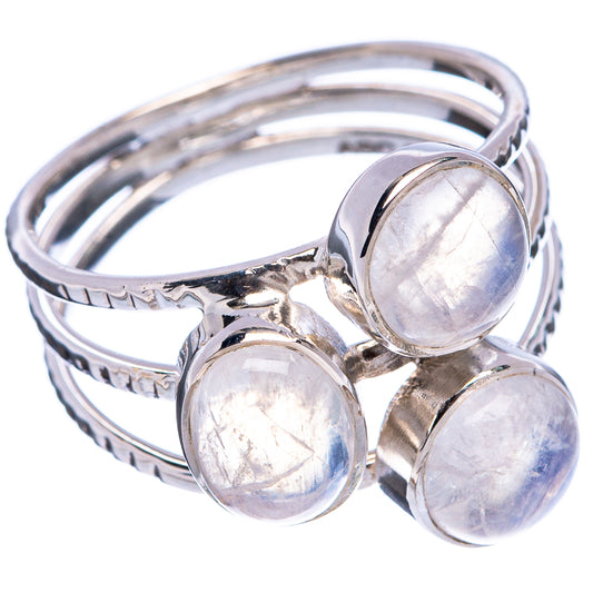 Rainbow moonstone ring with three round silver cabochon stones, open band