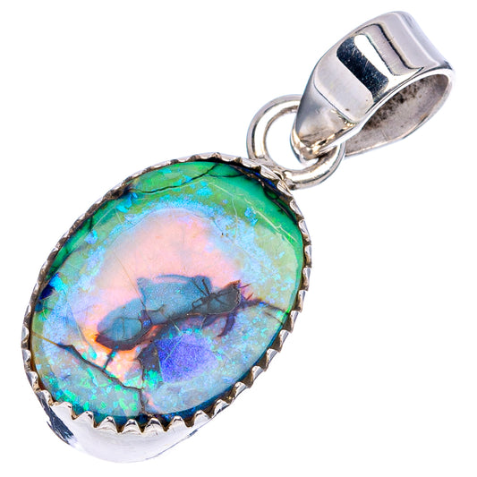 Sterling silver oval opal pendant with colorful blue-green cabochon and bail loop