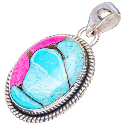 Sterling silver oval pendant with turquoise and magenta stone, bail at top