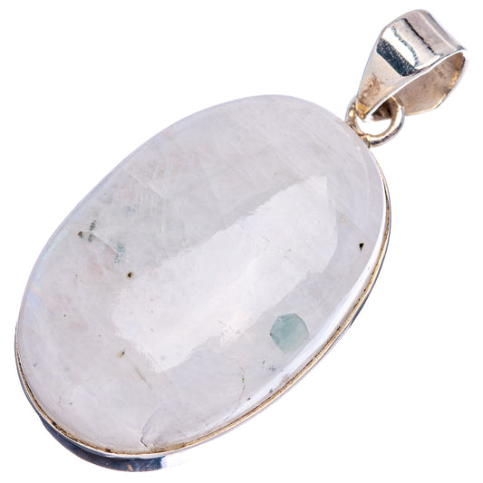 Oval moonstone pendant with silver bezel and top bail, rainbow sheen visible