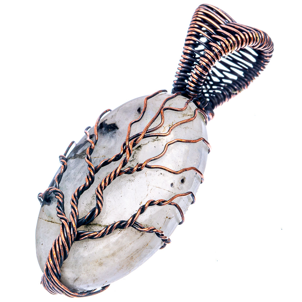 Oxidized copper wire-wrapped moonstone pendant with dark stone accents, tree motif