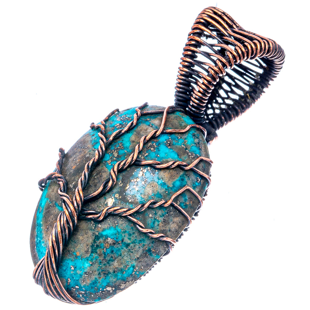 Tree-motif pendant with turquoise patina stone and oxidized copper wire, oval form