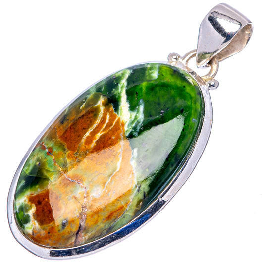 Oval chrome chalcedony pendant, .925 sterling silver bezel and bail; green and orange.